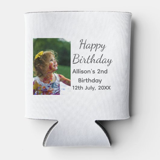 フォトモダンクラシックの名前の追加日付ハッピーバースデー 缶クーラー (正面)