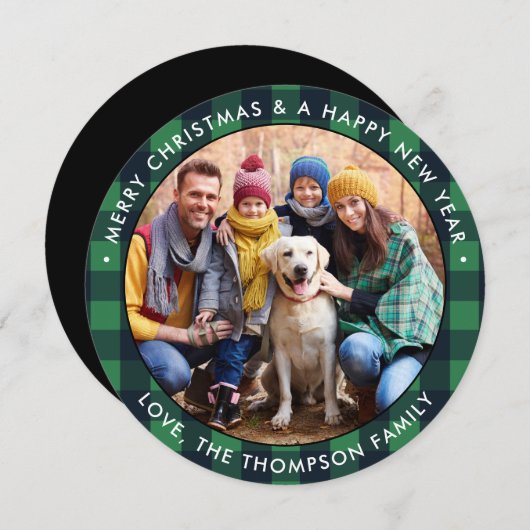 フォトモダンクリスマスグリーンバッファロープレイドラウンド シーズンカード (正面/裏面)
