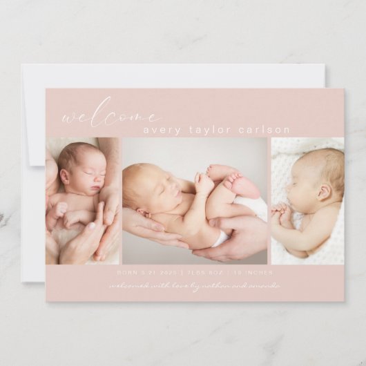 フォトモダンコラージュシンプルスクリプトピンク誕生 案内状 (正面)