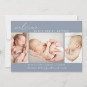 フォトモダンコラージュシンプル誕生Script Blue 案内状 (正面)