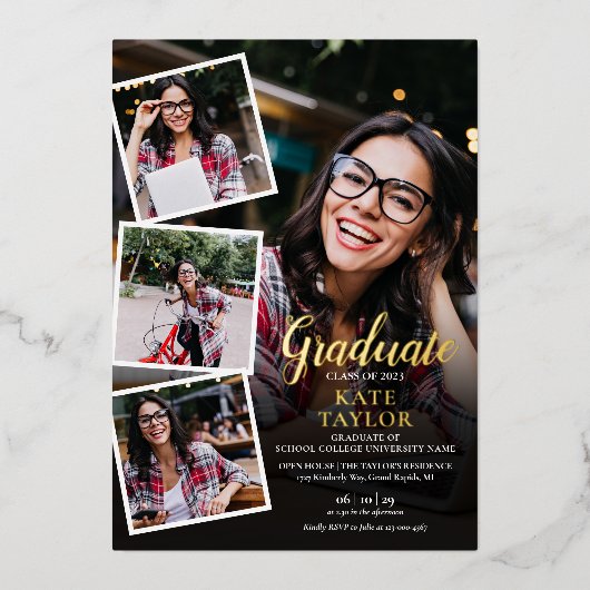 フォトモダンコラージュ卒業パーティー金ゴールド 箔招待状 (正面)