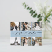 フォトモダンコラージュ日付を保存するダスティブルー 案内ポストカード (スタンド正面)