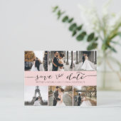 フォトモダンコラージュ日付を保存赤面ピンク 案内ポストカード (スタンド正面)