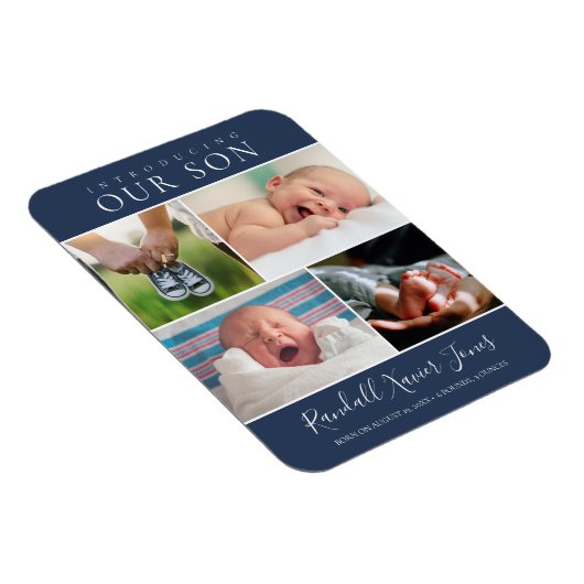 フォトモダンコラージュ男の赤ちゃん発表青 マグネット (右側)