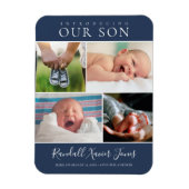 フォトモダンコラージュ男の赤ちゃん発表青 マグネット (縦)