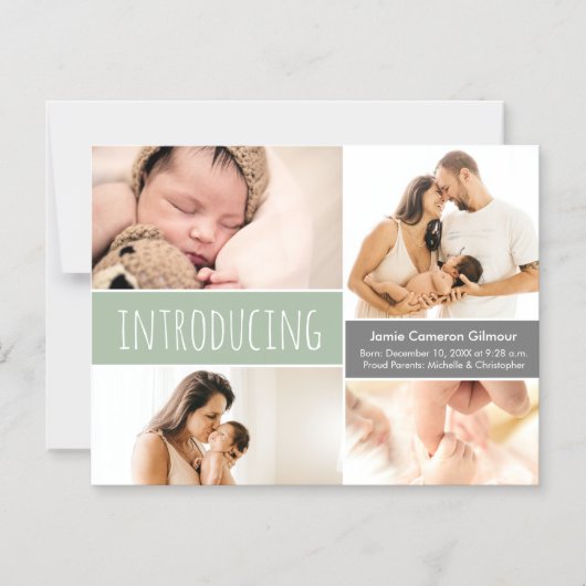フォトモダンコラージュ紹介グリーン男の赤ちゃん マグネット招待状 (正面)