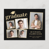 フォトモダンコラージュ黒金ゴールド卒業 案内ポストカード (正面)