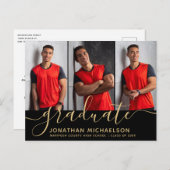 フォトモダンコラージュ黒金ゴールド卒業 案内ポストカード (正面/裏面)