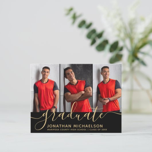 フォトモダンコラージュ黒金ゴールド卒業 案内ポストカード (スタンド正面)