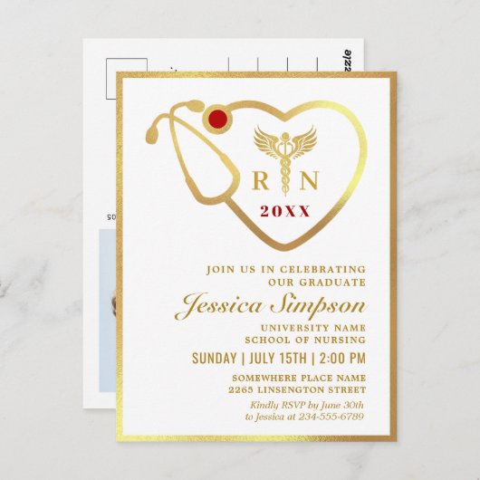 フォトモダンゴールデンホワイト看護卒業式パーティー ポストカード (正面/裏面)