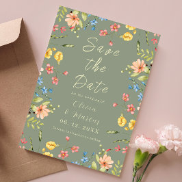 フォトモダンシンプルワイルドフラワーセージ緑 セーブザデート