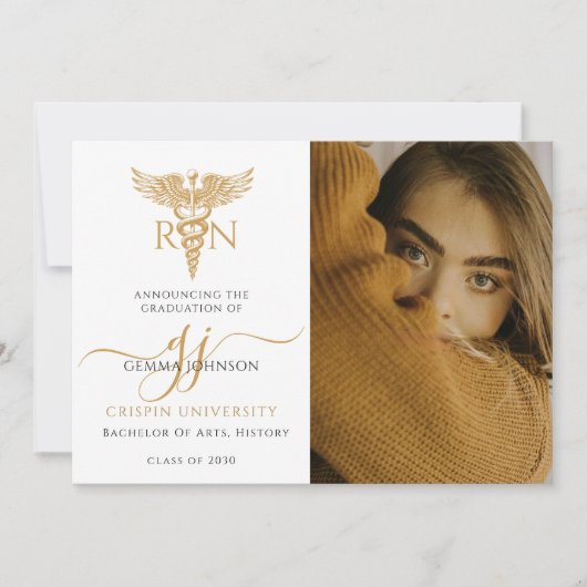 フォトモダンナース卒業金ゴールドスクリプト 案内状 (正面)