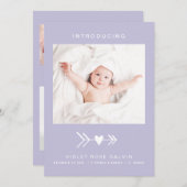 フォトモダンハートアローパステルパープルガール誕生 案内状 (正面/裏面)