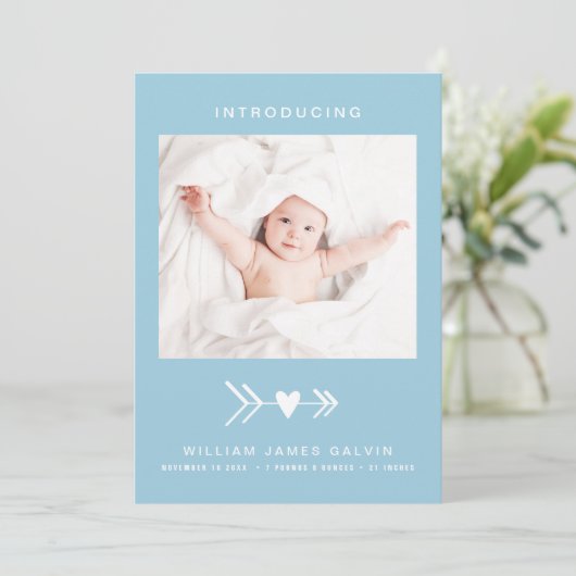 フォトモダンハートアローブルー男の赤ちゃん誕生 案内状 (スタンド正面)