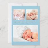 フォトモダンハートアローブルー男の赤ちゃん誕生 案内状 (裏面)