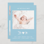フォトモダンハートアローブルー男の赤ちゃん誕生 案内状 (正面/裏面)
