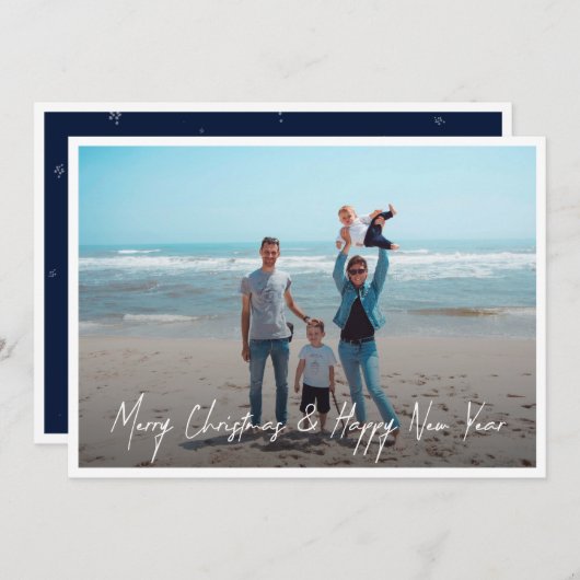 フォトモダンホワイトメリークリスマスハッピーニューイヤー  シーズンカード (正面/裏面)
