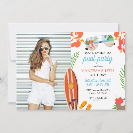 フォトモダンレトロトロピカルプールパーティー誕生日 招待状 (正面)