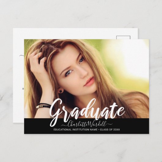 フォトモダン卒業式パーティーブラックバナー インビテーションポストカード (正面/裏面)