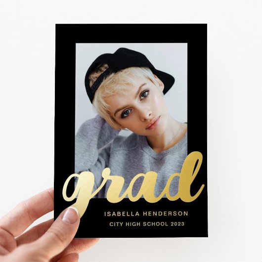 フォトモダン卒業式ブラックゴールドフォイル招待状 箔招待状