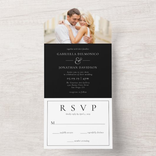 フォトモダン白黒ウェディングRSVP オールインワン招待状 (内側)