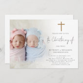 フォトモダン金ゴールドクロスツイン《キリスト教》洗礼式や命名式招待状 招待状 (正面/裏面)