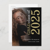 フォトモダン金ゴールドブラック2023卒業 案内ポストカード (正面/裏面)