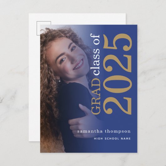 フォトモダン金ゴールドブルー2025卒業 案内ポストカード (正面/裏面)