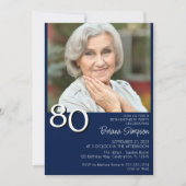 フォトモダン ミニマリスト ネイビーブルー 80歳の誕生日 招待状 (正面)