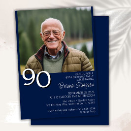 フォトモダン ミニマリスト ネイビーブルー 90歳の誕生日 招待状