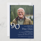 フォトモダン ミニマリスト ネイビーブルー 90歳の誕生日 招待状 (正面)