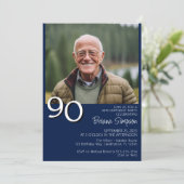 フォトモダン ミニマリスト ネイビーブルー 90歳の誕生日 招待状 (スタンド正面)