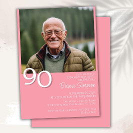 フォトモダン ミニマリスト ピンク 90歳の誕生日 招待状