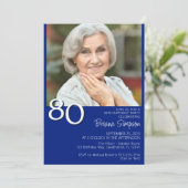 フォトモダン ミニマリスト ロイヤルブルー 80歳の誕生日 招待状 (スタンド正面)