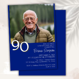 フォトモダン ミニマリスト ロイヤルブルー 90歳の誕生日 招待状