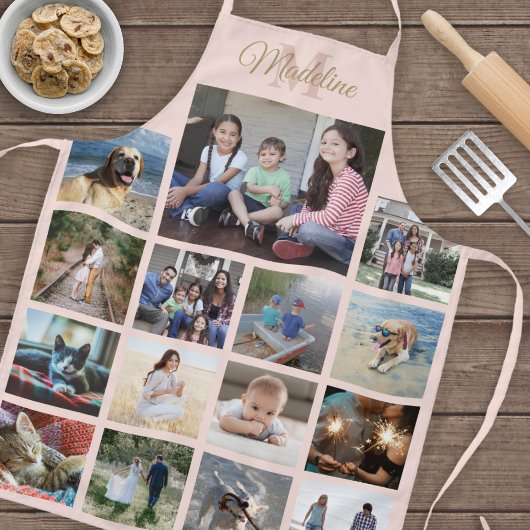 フォトモノグラムのコラージパターン赤面ピンク金ゴールド エプロン