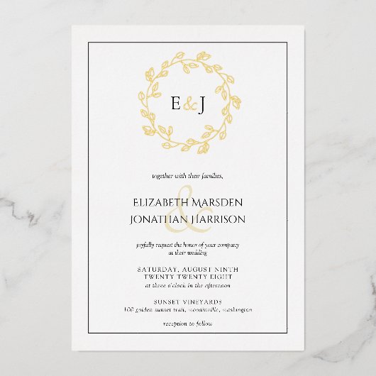 フォトモノグラムエレガントリーフリース結婚ズ 箔招待状 (正面)