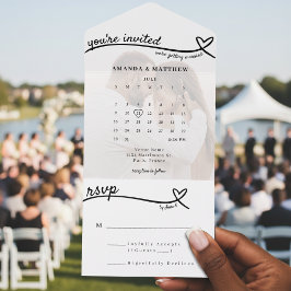 フォトモノグラムハートラインホワイトカレン結婚ダー オールインワン招待状