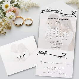 フォトモノグラムハートラインホワイトカレン結婚ダー オールインワン招待状