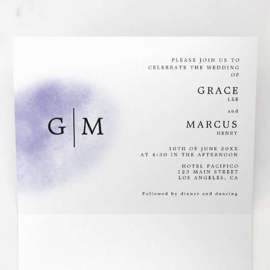 フォトモノグラムバイリンガル結婚式招待状ブルー 三つ折り招待状 (内部最初)
