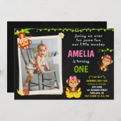フォトモンキー誕生日の招待ガール1歳の誕生日 招待状 (正面/裏面)