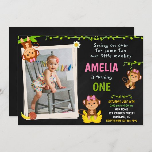 フォトモンキー誕生日の招待ガール1歳の誕生日 招待状 (正面/裏面)