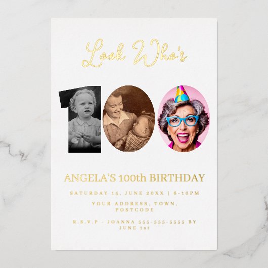 フォトモンタージュ誕生日パーティー100歳 箔招待状 (正面)