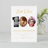 フォトモンタージュ誕生日パーティー100歳 箔招待状 (立ち正面)