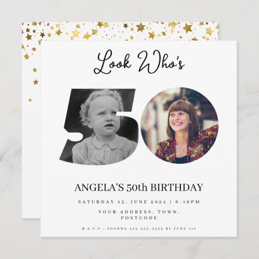 フォトモンタージュ誕生日パーティー50歳 招待状 (正面/裏面)