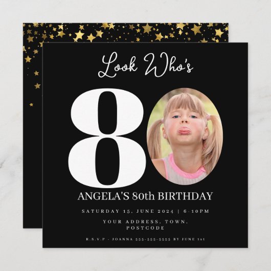 フォトモンタージュ誕生日パーティー80歳 招待状 (正面/裏面)