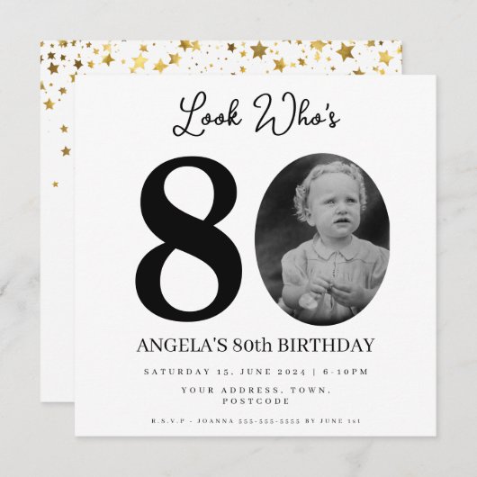 フォトモンタージュ誕生日パーティー80歳 招待状 (正面/裏面)
