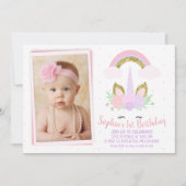フォトユニコーンアンドレインボー誕生日招待状 招待状 (正面)