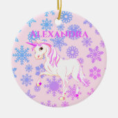フォトユニコーンクリスマススノーフレークかわいいピンクの子供たち セラミックオーナメント (正面)