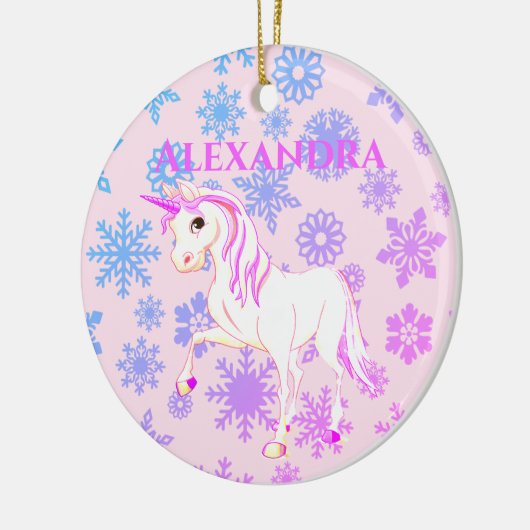 フォトユニコーンクリスマススノーフレークかわいいピンクの子供たち セラミックオーナメント (左)